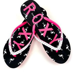 NEW (no tags) Roxy black/white/pink flamingo flip-flops, size 10 - never worn